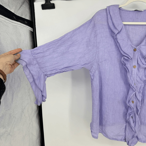 Womens 100% linen 3/4 Sleeve Button Front Blouse Size M Purple Ruffles Fairy - Picture 9 of 12
